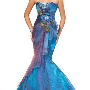 NWT Blush Iridescent Royal Mermaid Dress with Feathers 9318 Iridescent royal